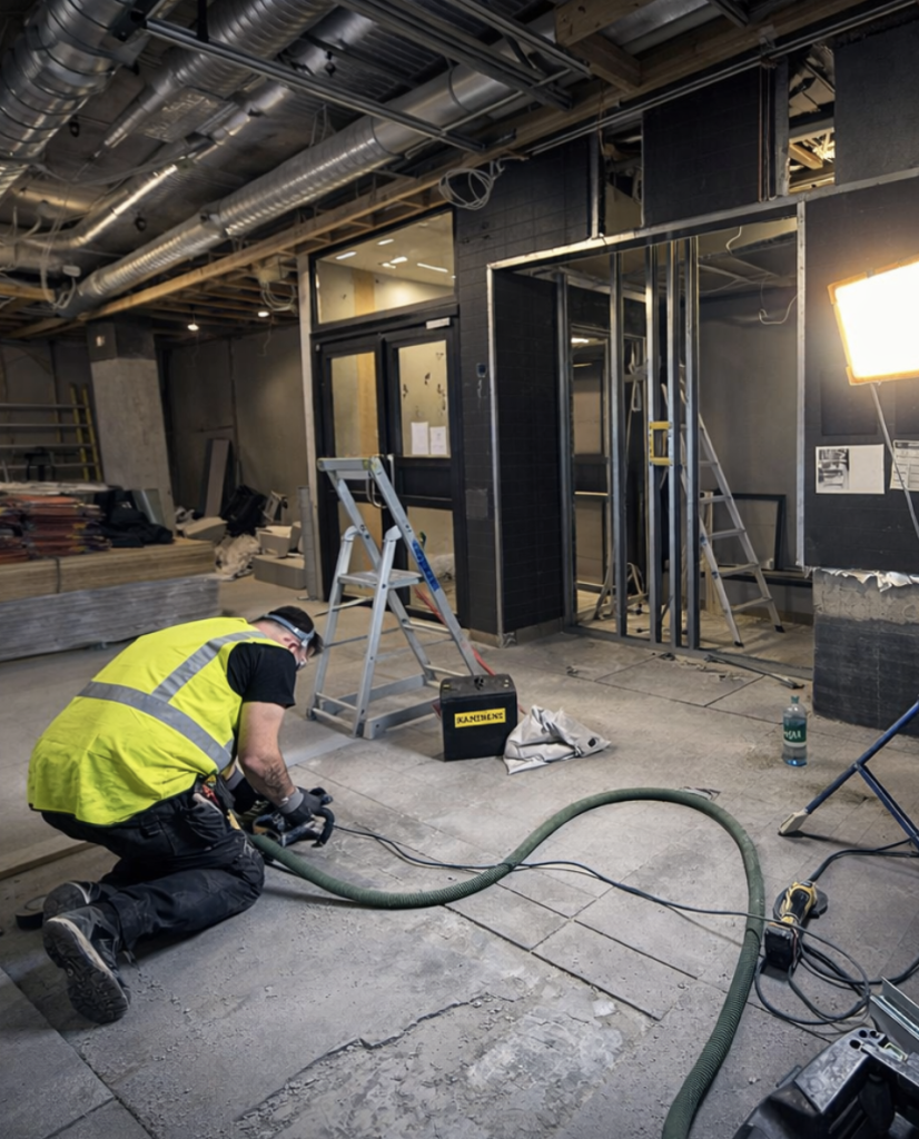 Håndverker fra Stokka Entreprise i arbeid på byggeplass under innredning